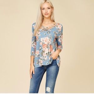 Papermoon hailey criscross neck 3/4 sleeve length floral print top